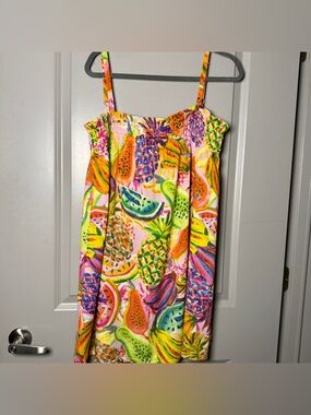 True Destinations Tropical Fruit Print Mini Dress M Rayon Smocked Sundress